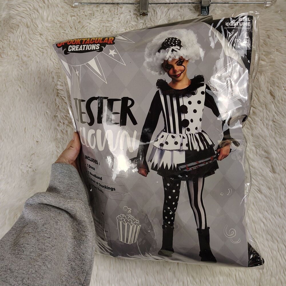 Spooktacular Creations Child L 10-12 Clown Jester Costume KNIFE Jumpsuit Creepy